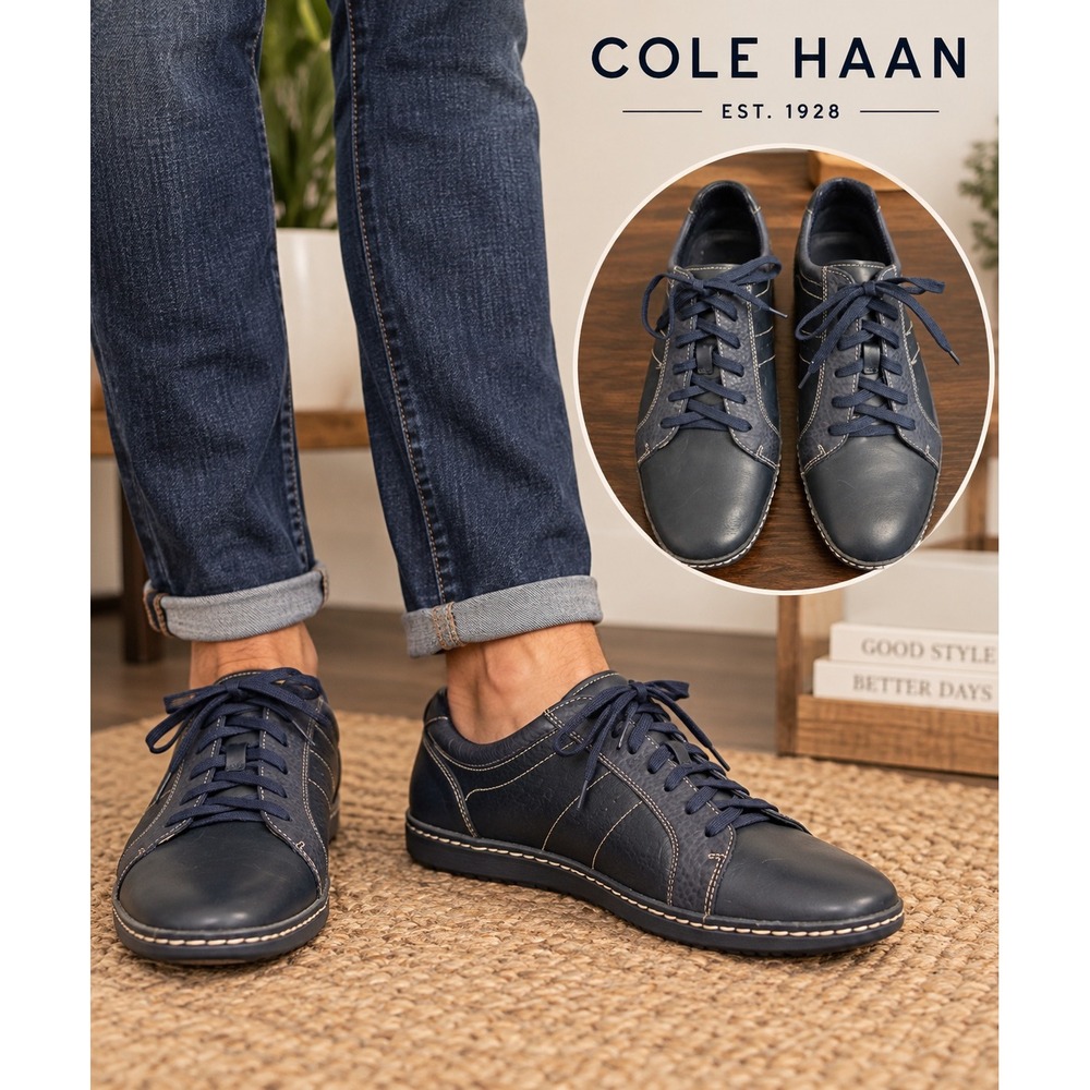 Cole Haan Nike Air Mens Navy Blue Leather Low Top Lace Up Sneakers Shoes